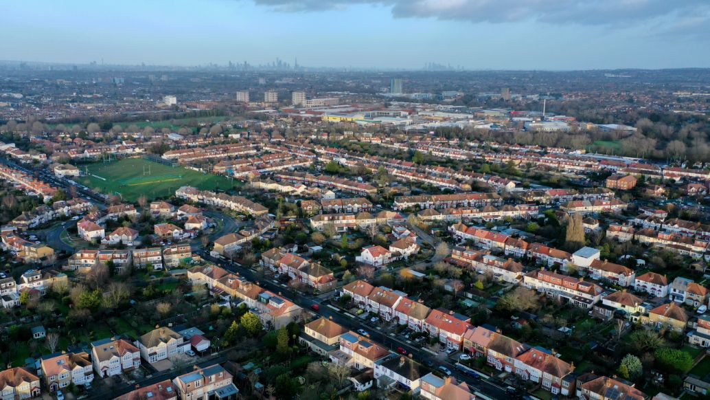 A birds eye view of a large suburban area in the UK