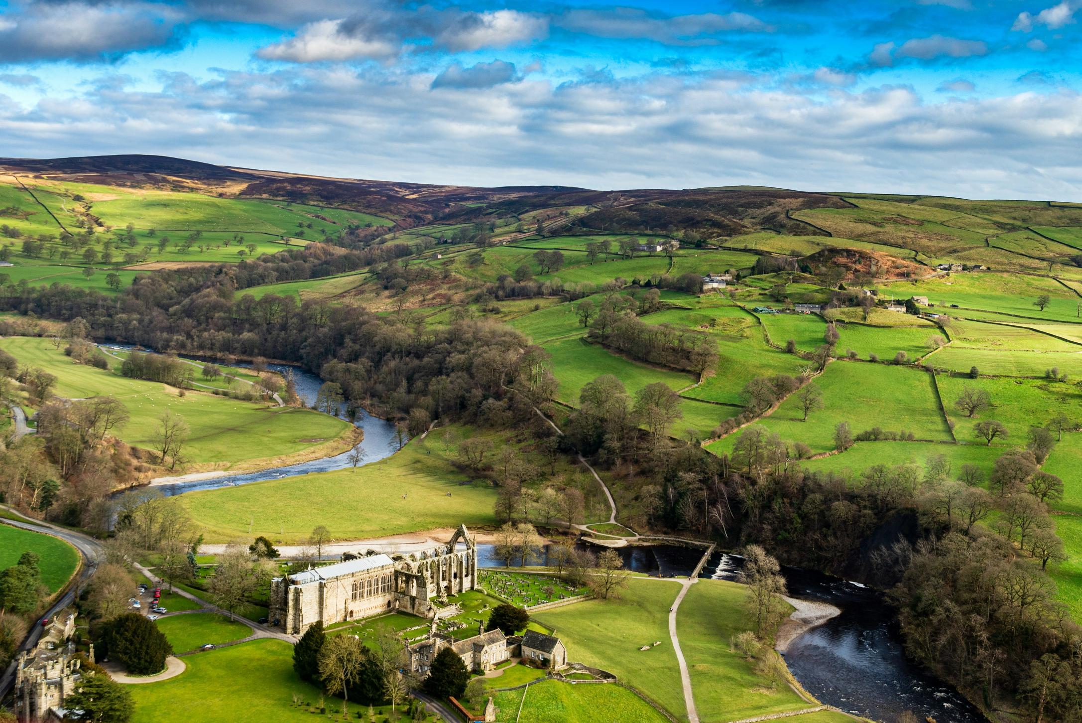 Bolton Abbey in Skipton, Yorkshire from a bird's eye view