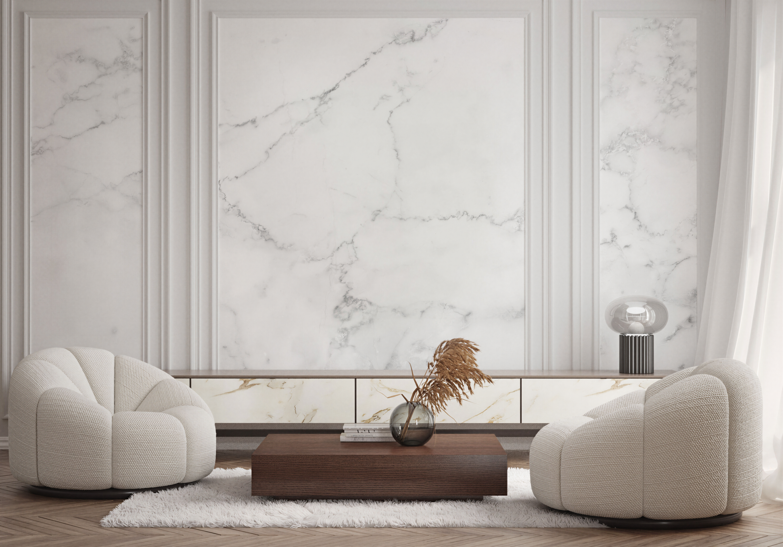 A pure white background in a house, with white chairs and a wooden coffee table that stands out